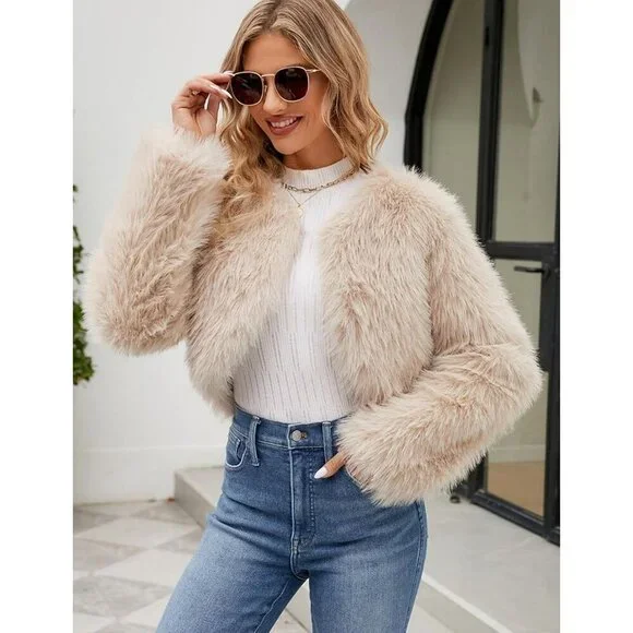 Women's Apricot Gihuo Cropped Faux Fur Coat Open Front Fleece Winter Jacket - Picture 4 of 7